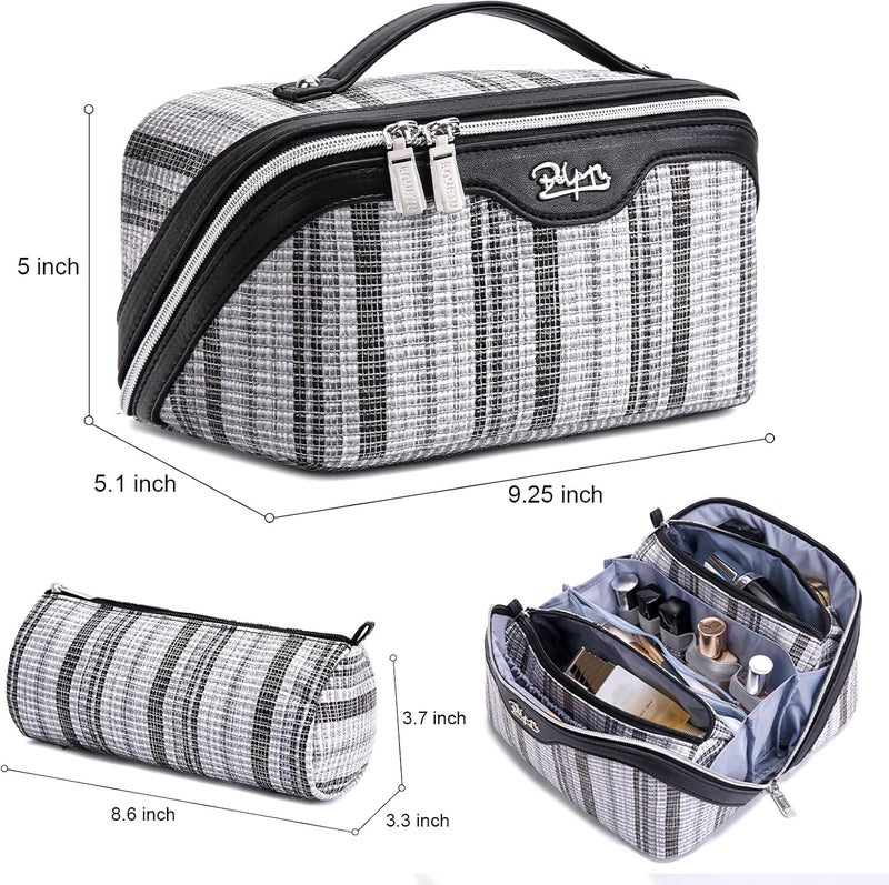 BOYATU Travel Makeup Bag for Women: Large Capacity Open Flat Make up Bag Set of 3 - Vegan Leather Cosmetic Bag with Compartments - Waterproof Toiletry Bag with Handle & Divider(I-2-Black) - Image 2